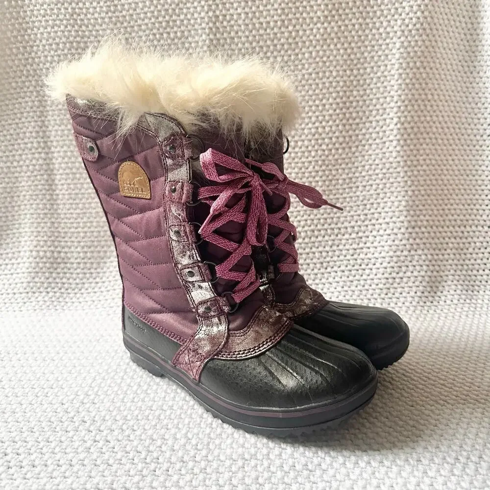 Sorel Purple Magenta Metallic Tofino Fur Mid Calf Winter Boots NY2325 7 Kids NWT